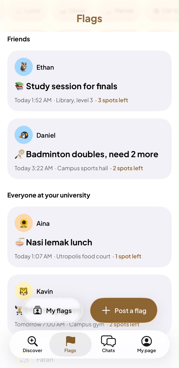 The Flags screen: students posting lunch, study and badminton plans you can join